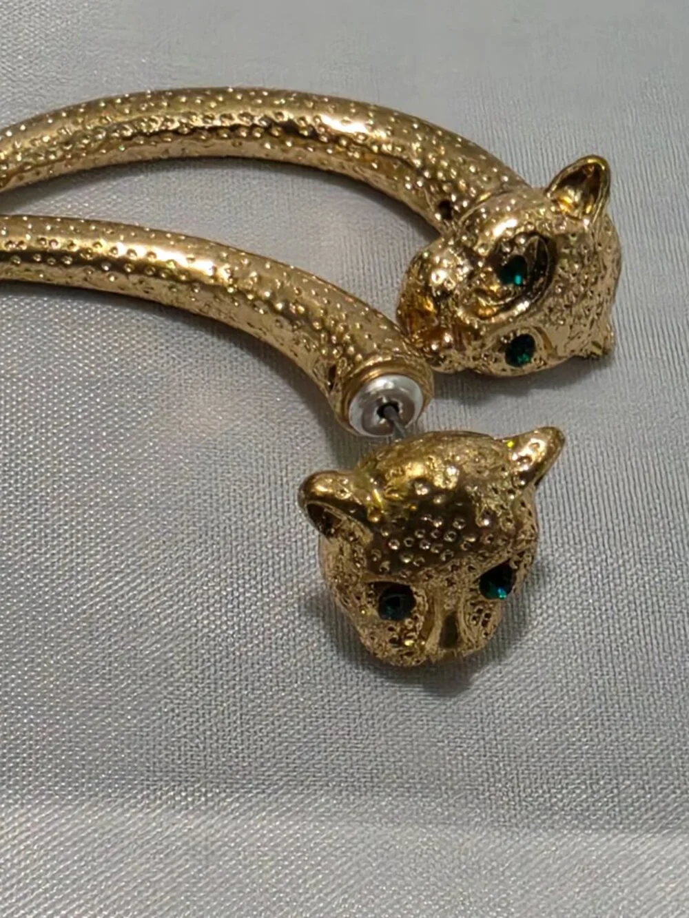 Gold Tone Panther Head Front-Back Earrings · Green Crystal Eyes · Curved Claw Dr